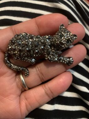 Vintage Black Crystal Panther Brooch in Dark Gunmetal
